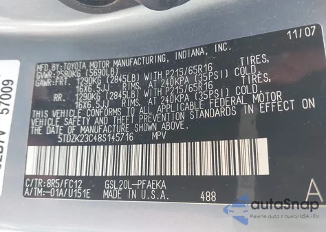 2008 Toyota Sienna Le из США, поврежденный, VIN 5TDZK23C48S145716